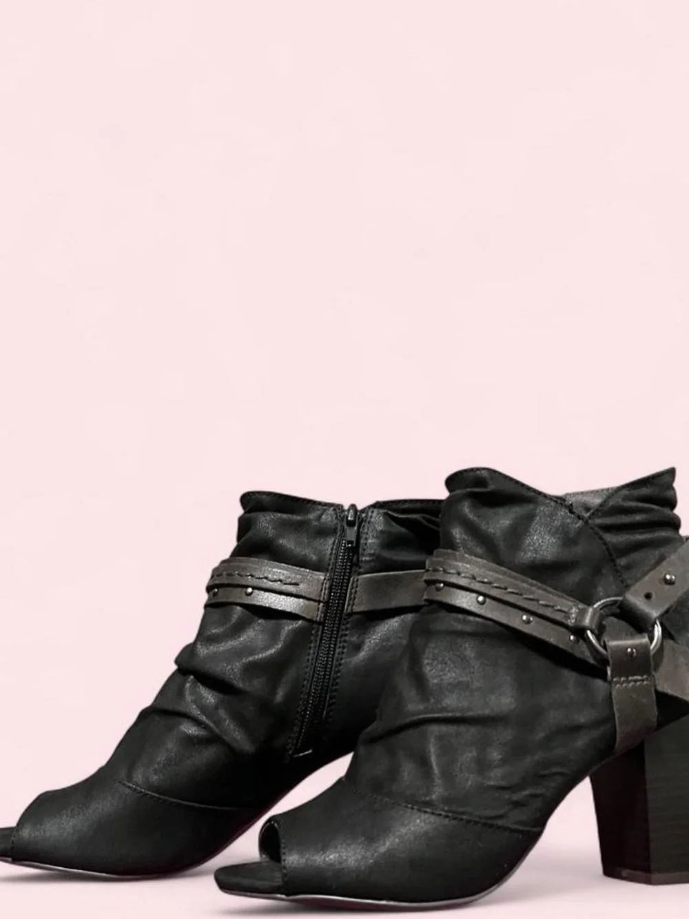 8.5 Womens Black Peep-Toe Ankle Booties with Strap Detail